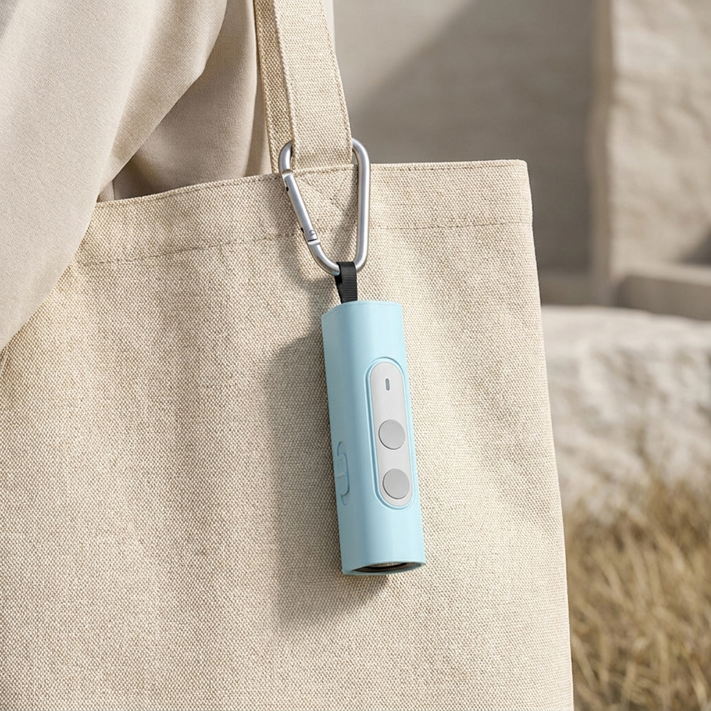 Ultrasonic dog deterrent clipped by its carabiner to a bag