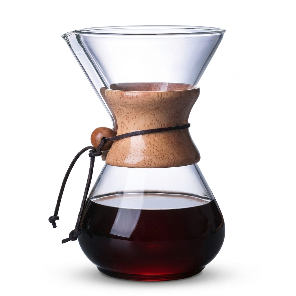 Glass pour-over coffee carafe white-background product photo
