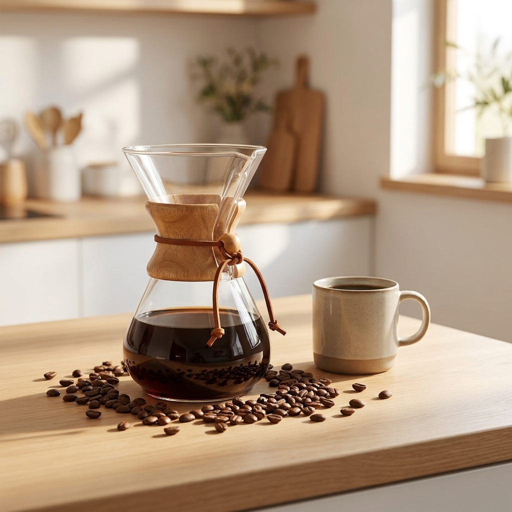 Pour-over carafe on a kitchen counter with coffee beans