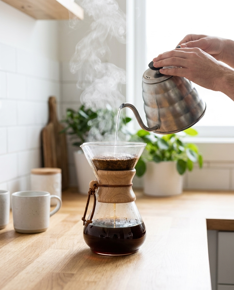 Hands pouring water over coffee in the pour-over carafe