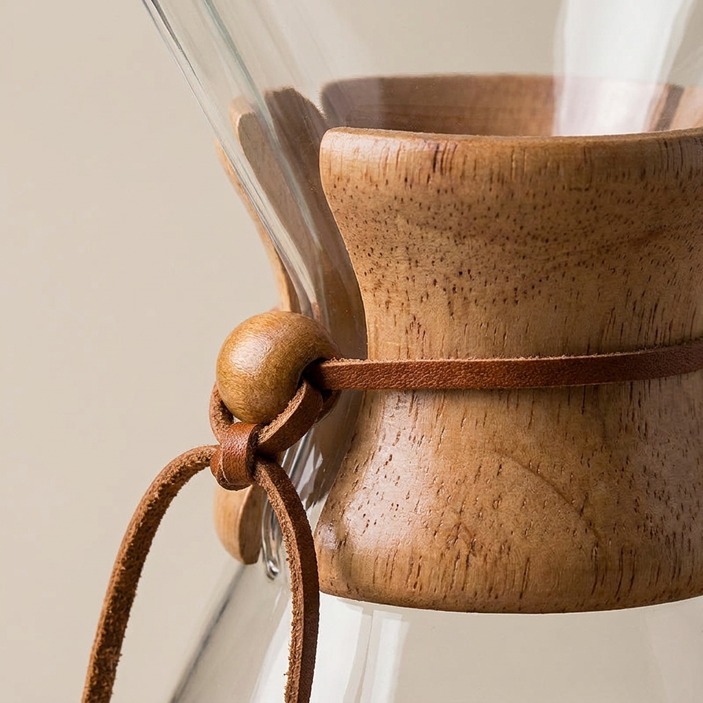 Close-up of the wooden collar and leather tie