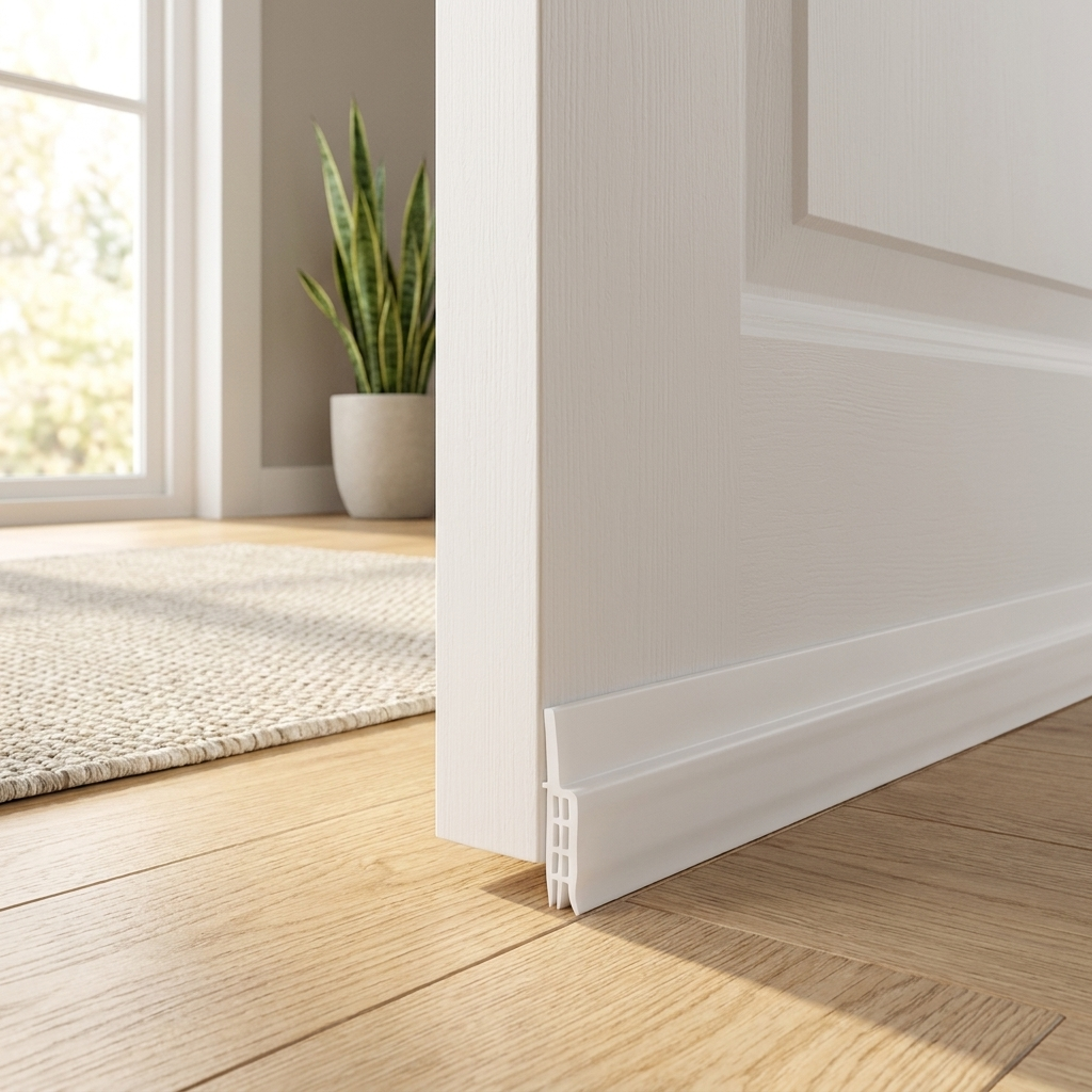 White weatherstrip applied to bottom of interior door sealing floor gap