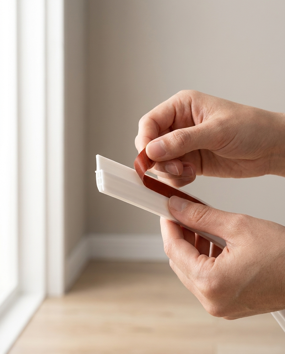 Peeling adhesive backing off door weatherstrip for easy install
