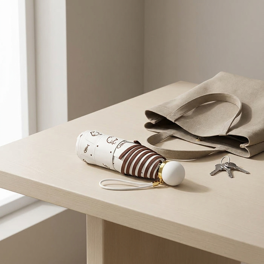Compact folding umbrella folded beside a tote bag and keys