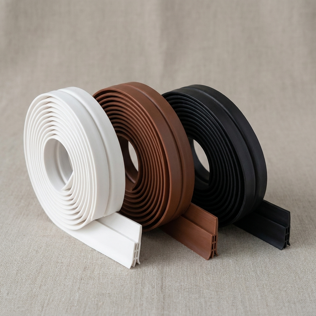 Door weatherstrip color options white brown black flat lay