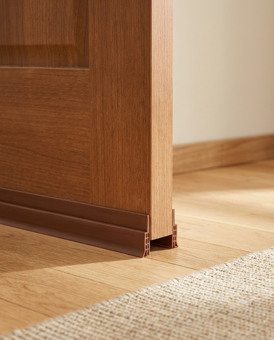 Brown weatherstrip applied to wooden door bottom
