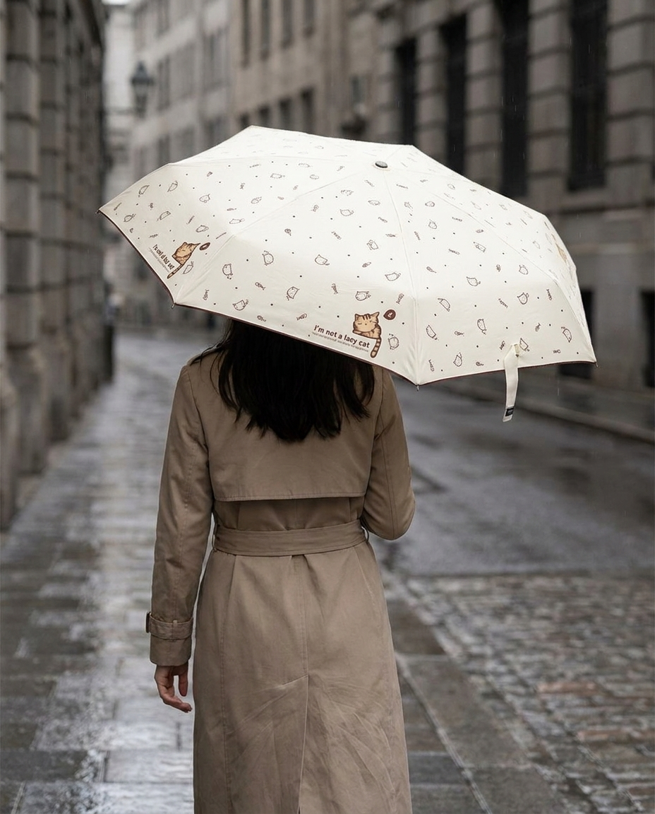 Woman using the mini umbrella in light city rain
