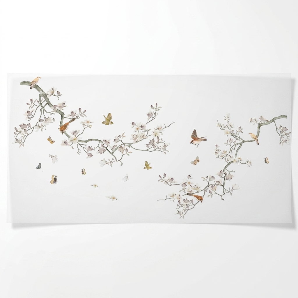 Watercolor magnolia branch bird and butterfly wall decals on white