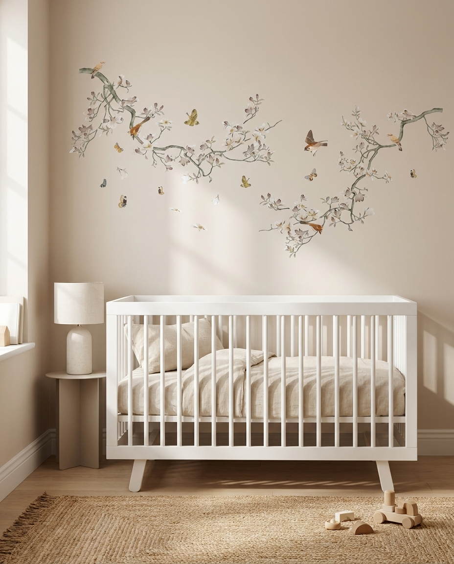 Magnolia branch wall decals above white crib in nursery
