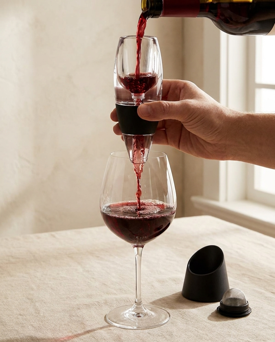 Wine aerator in use, red wine pouring through into a glass