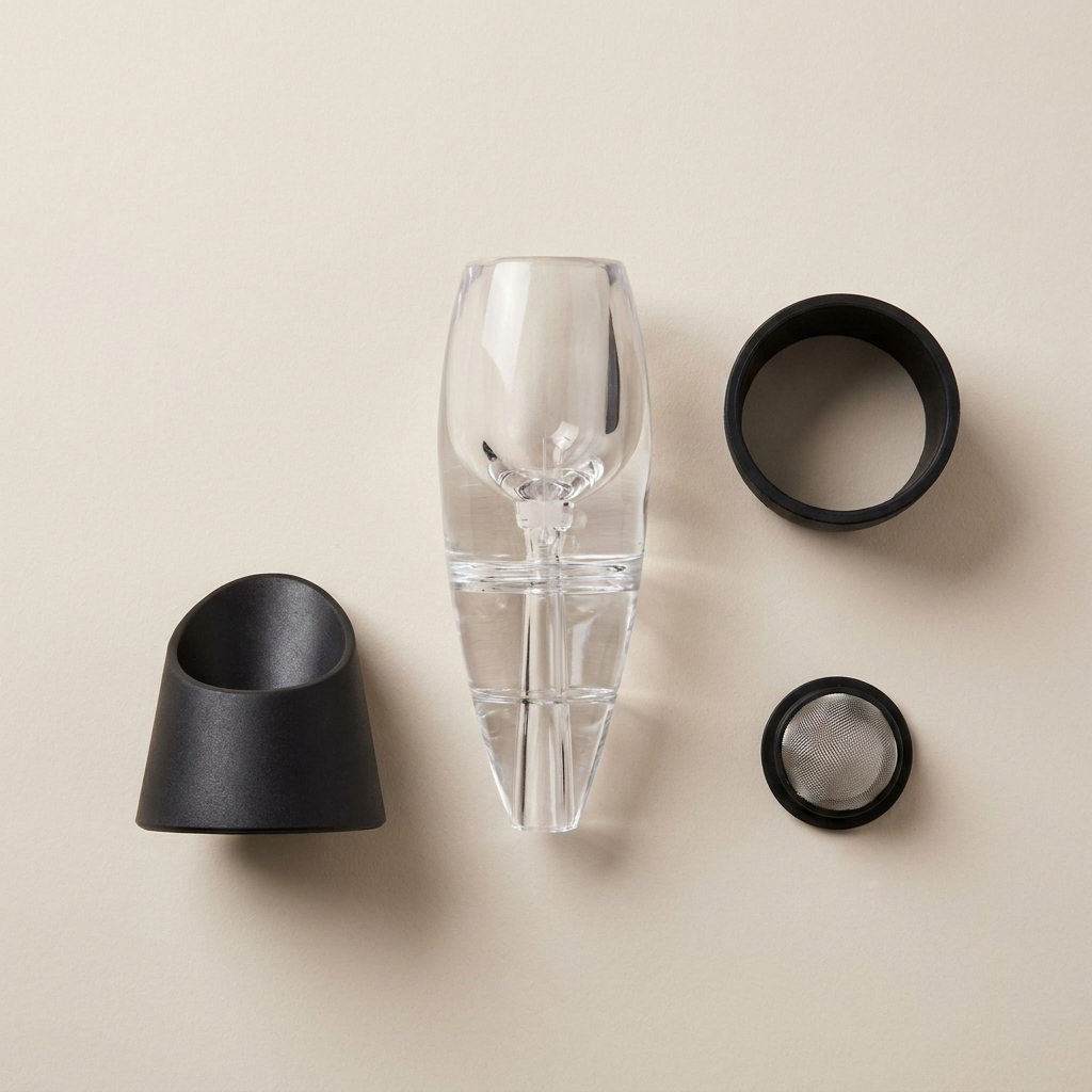 Wine aerator parts: body, silicone band, stand and filter