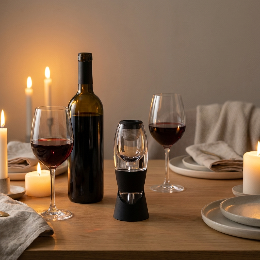 Wine aerator on a dinner table with red wine and glasses