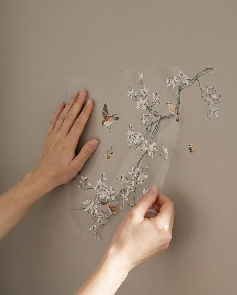 Hands applying peel and stick bird and flower wall decal