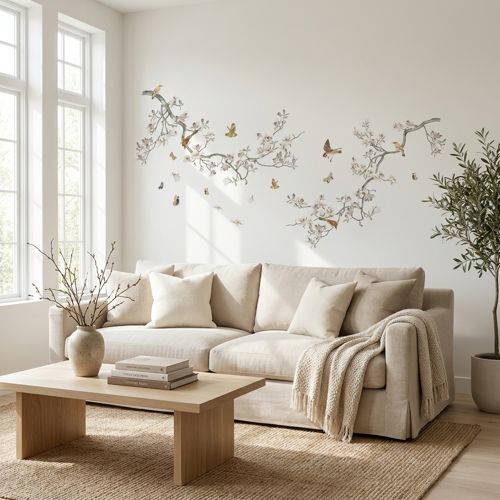 Bird and flower wall decals above sofa in living room