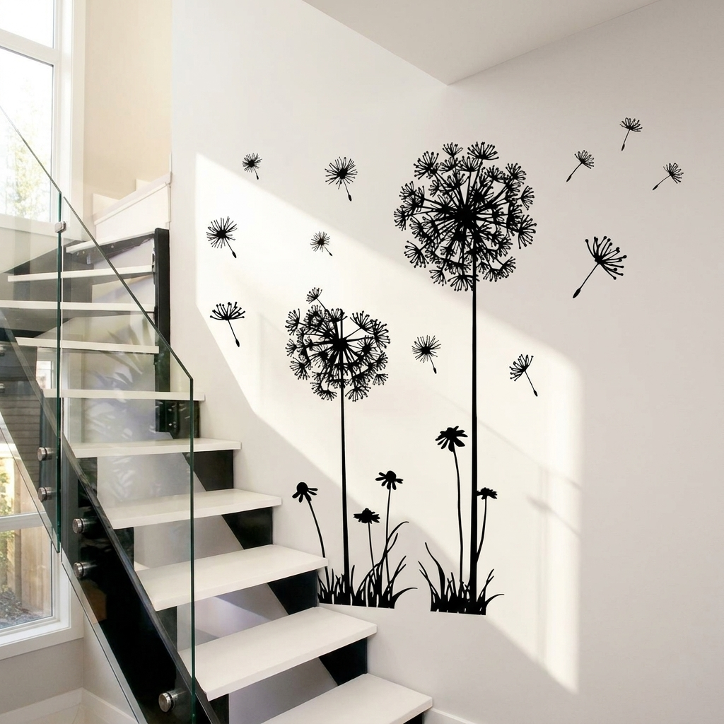 Black dandelion wall decals on wall beside modern staircase