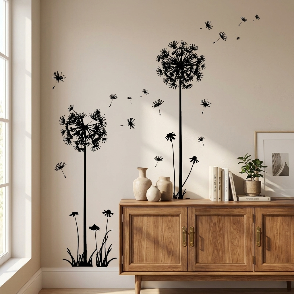 Black dandelion decals above wooden sideboard in living room
