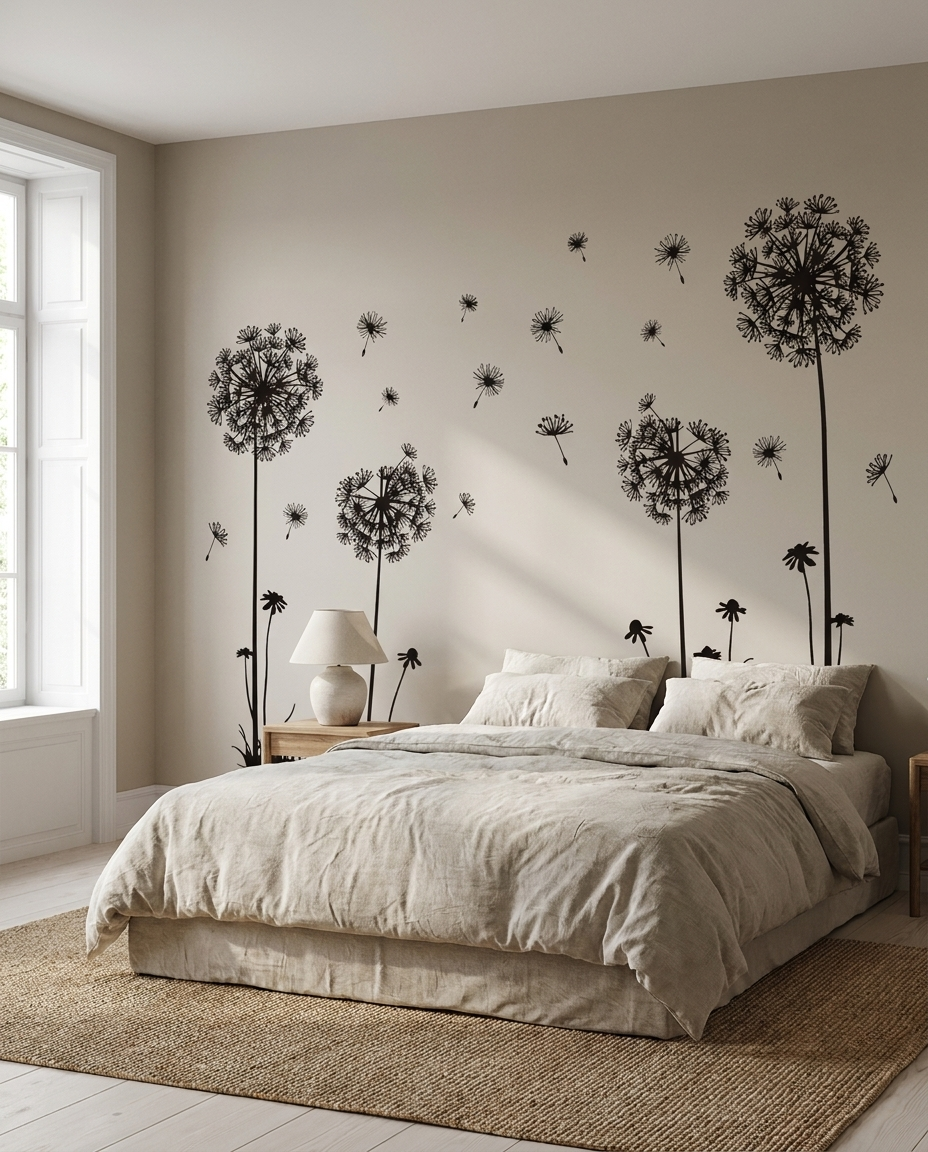 Black dandelion wall decals behind bed in minimalist bedroom