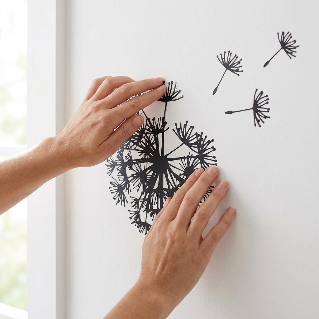 Hands applying peel and stick black dandelion wall decal