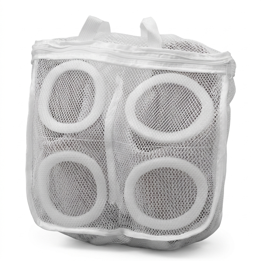 Cylindrical mesh shoe washing bag, drum shape