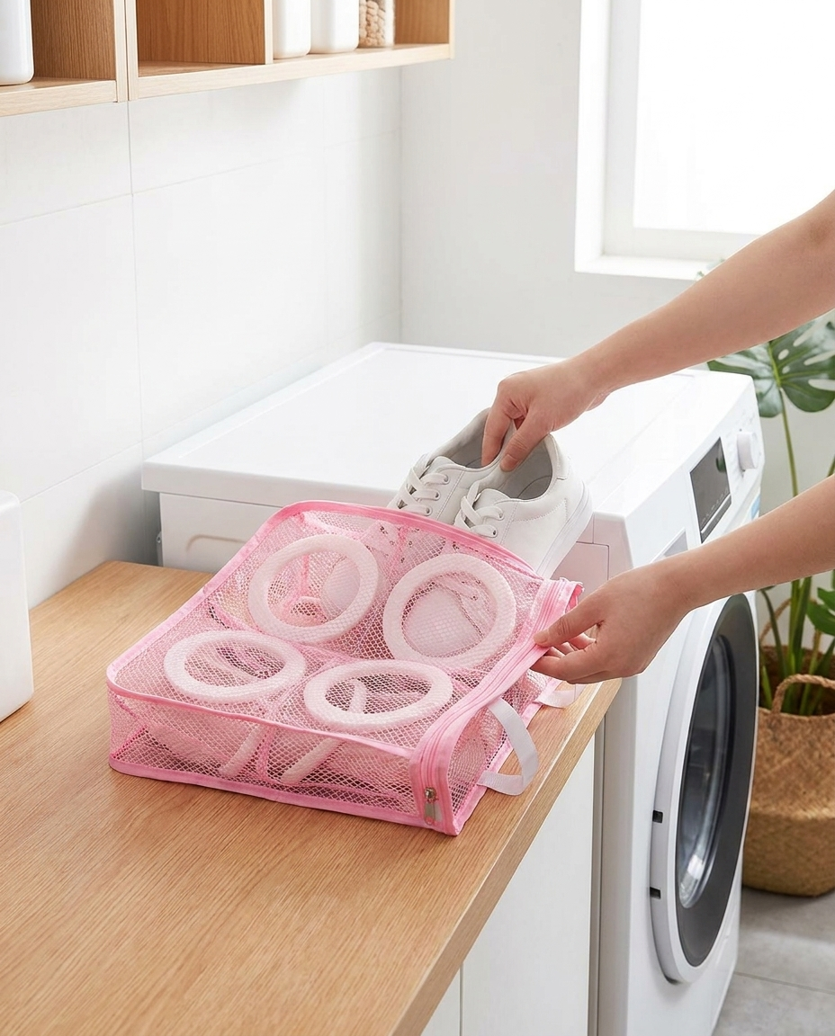 Placing sneakers into the mesh shoe washing bag in a laundry room