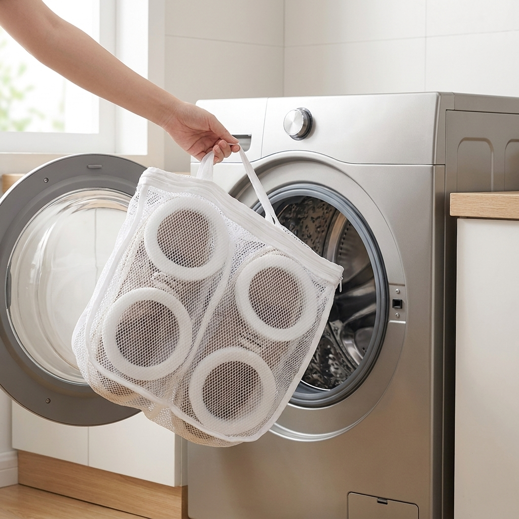 Shoe washing bag going into a front-load washing machine