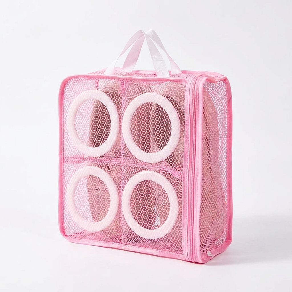 Square mesh shoe washing bag with four ring openings