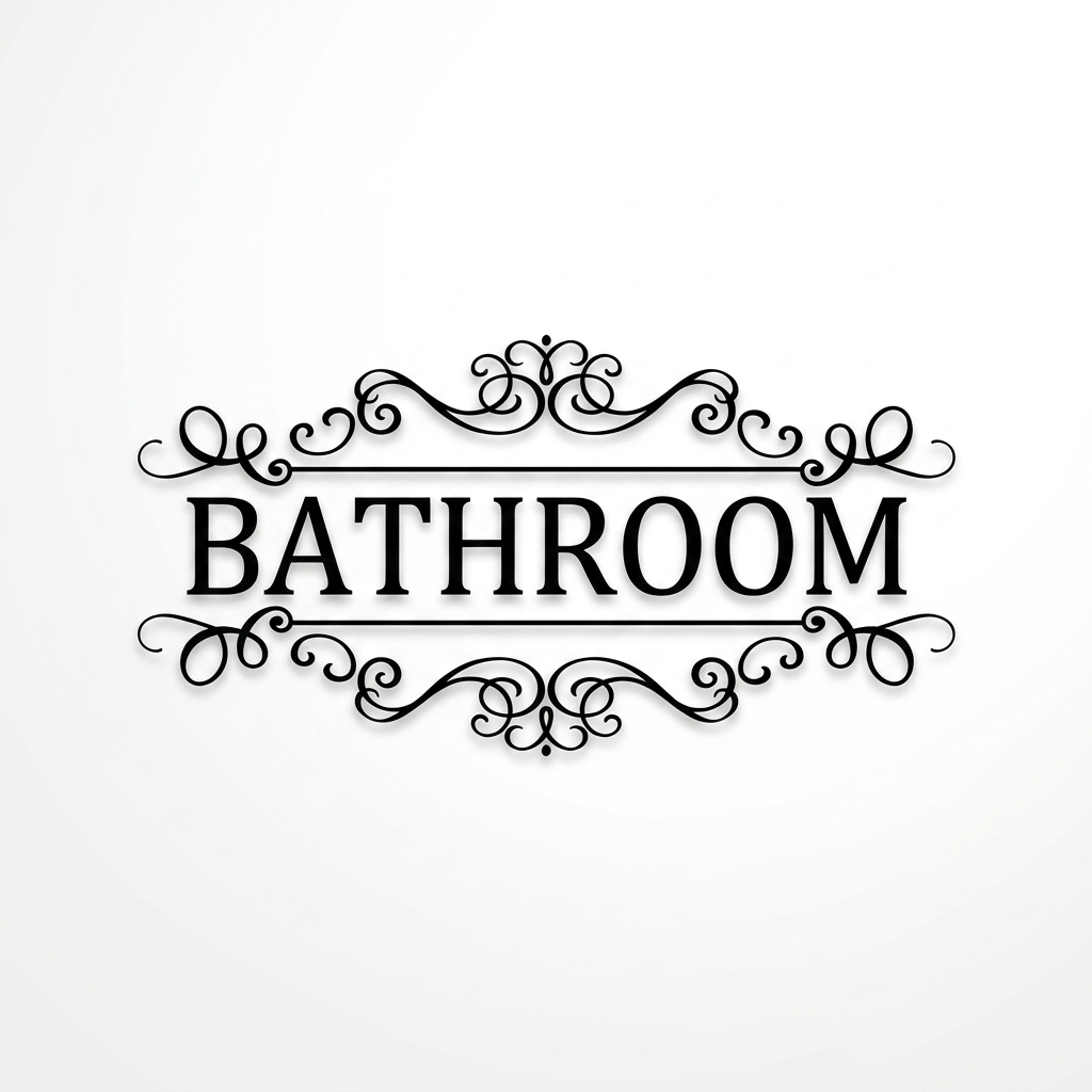 Decorative black Bathroom lettering wall decal with scrollwork
