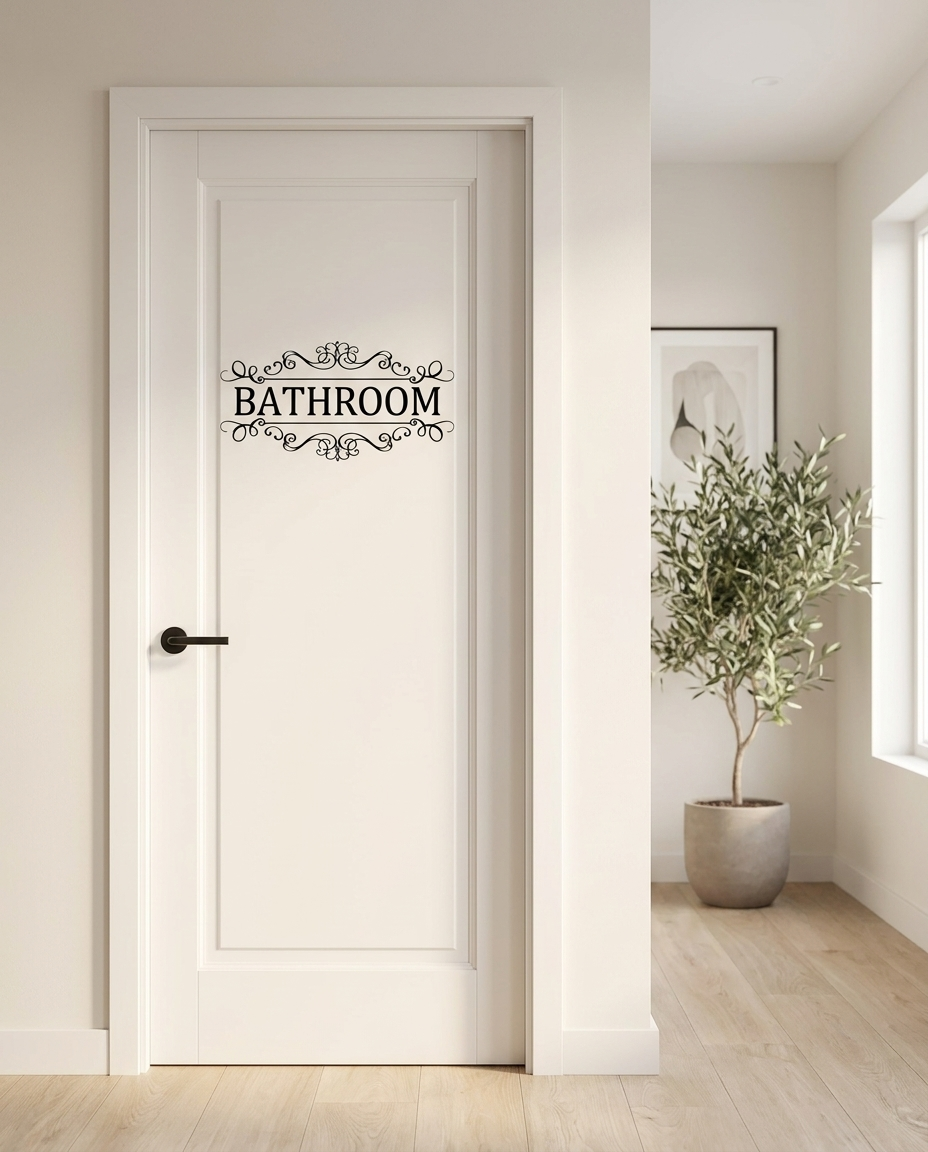 Bathroom door decal applied to white paneled door