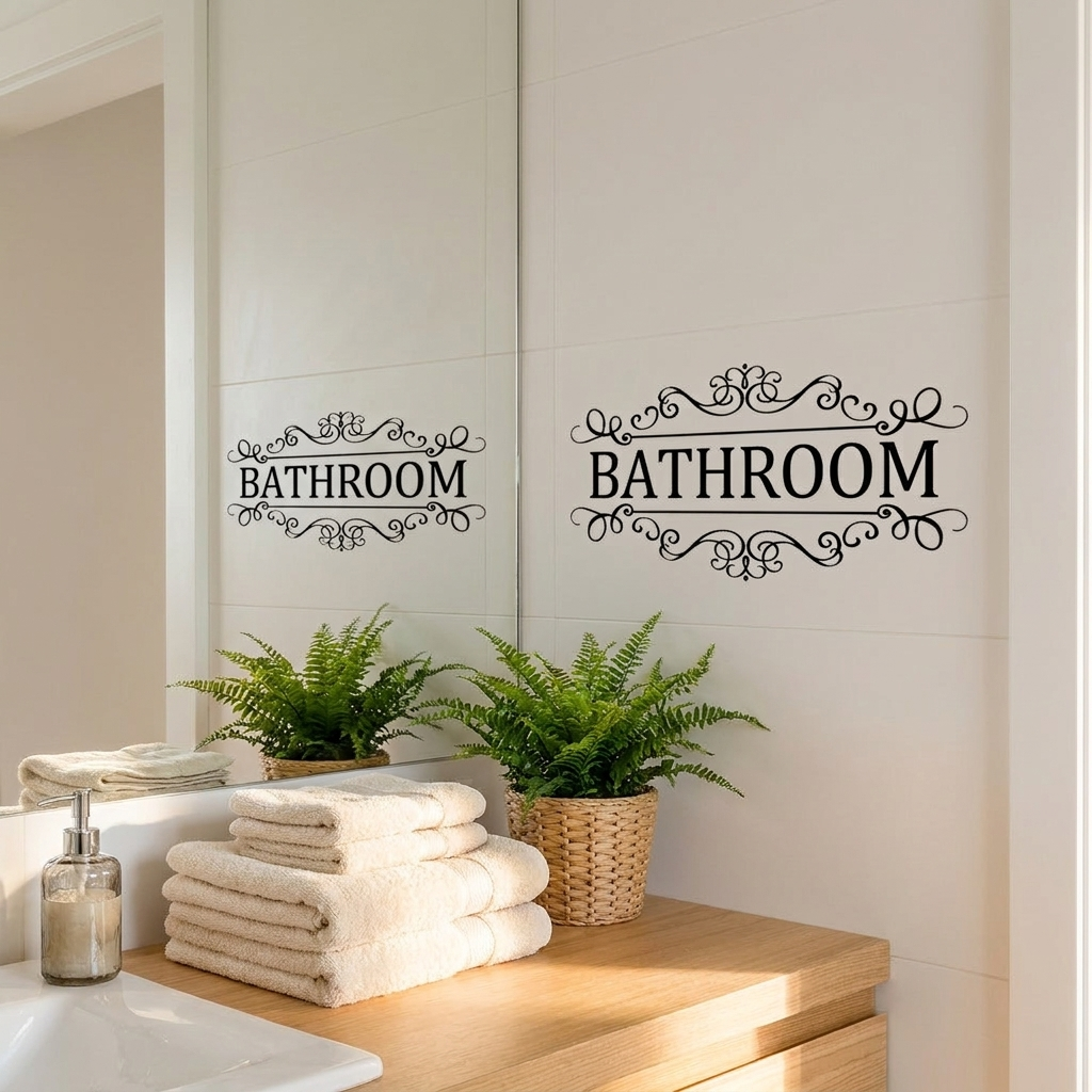 Bathroom decal on tiled wall above wooden vanity