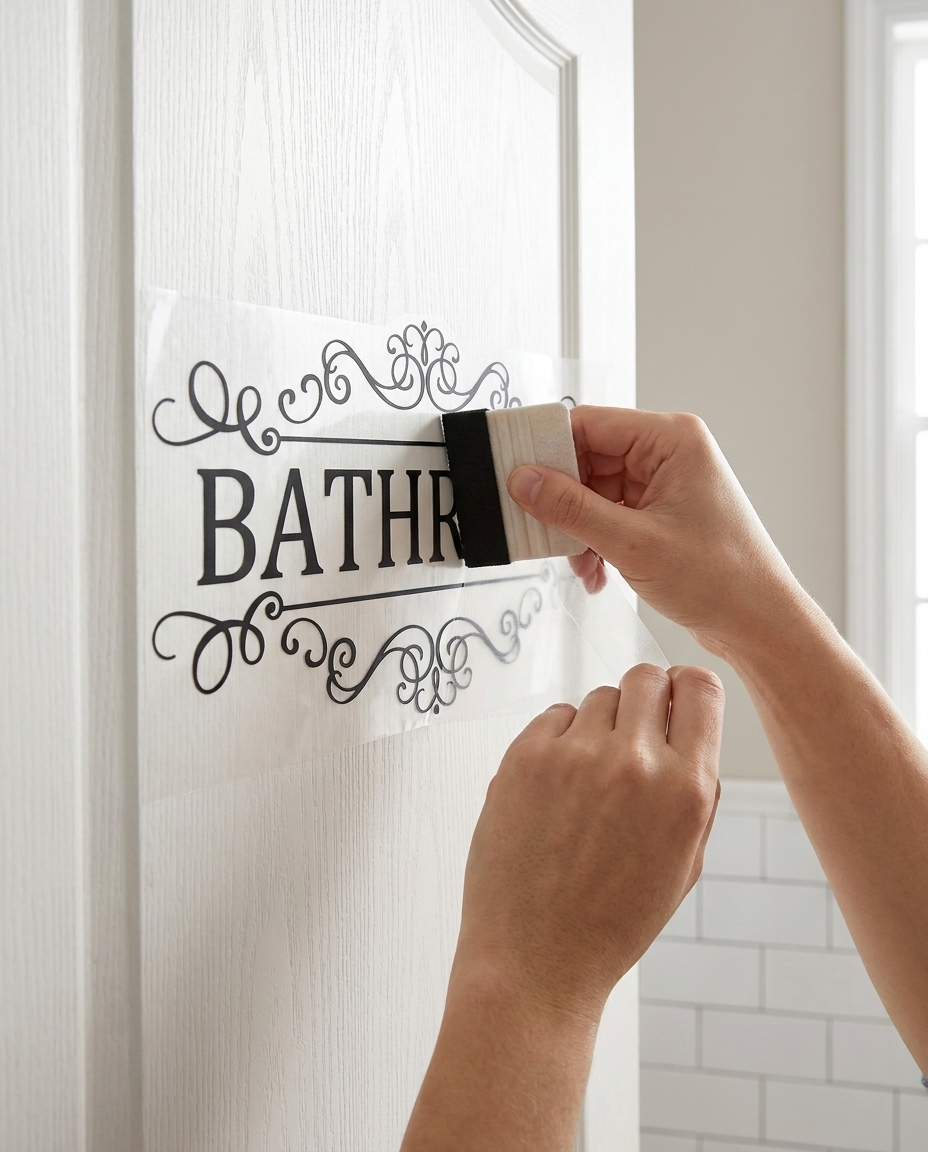 Hands applying peel and stick Bathroom door decal