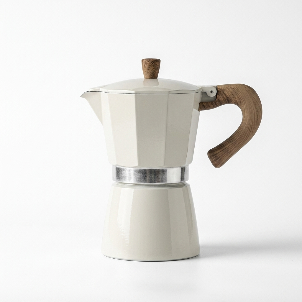 Classic Elegance Moka Coffee Maker in cream white with wood handle