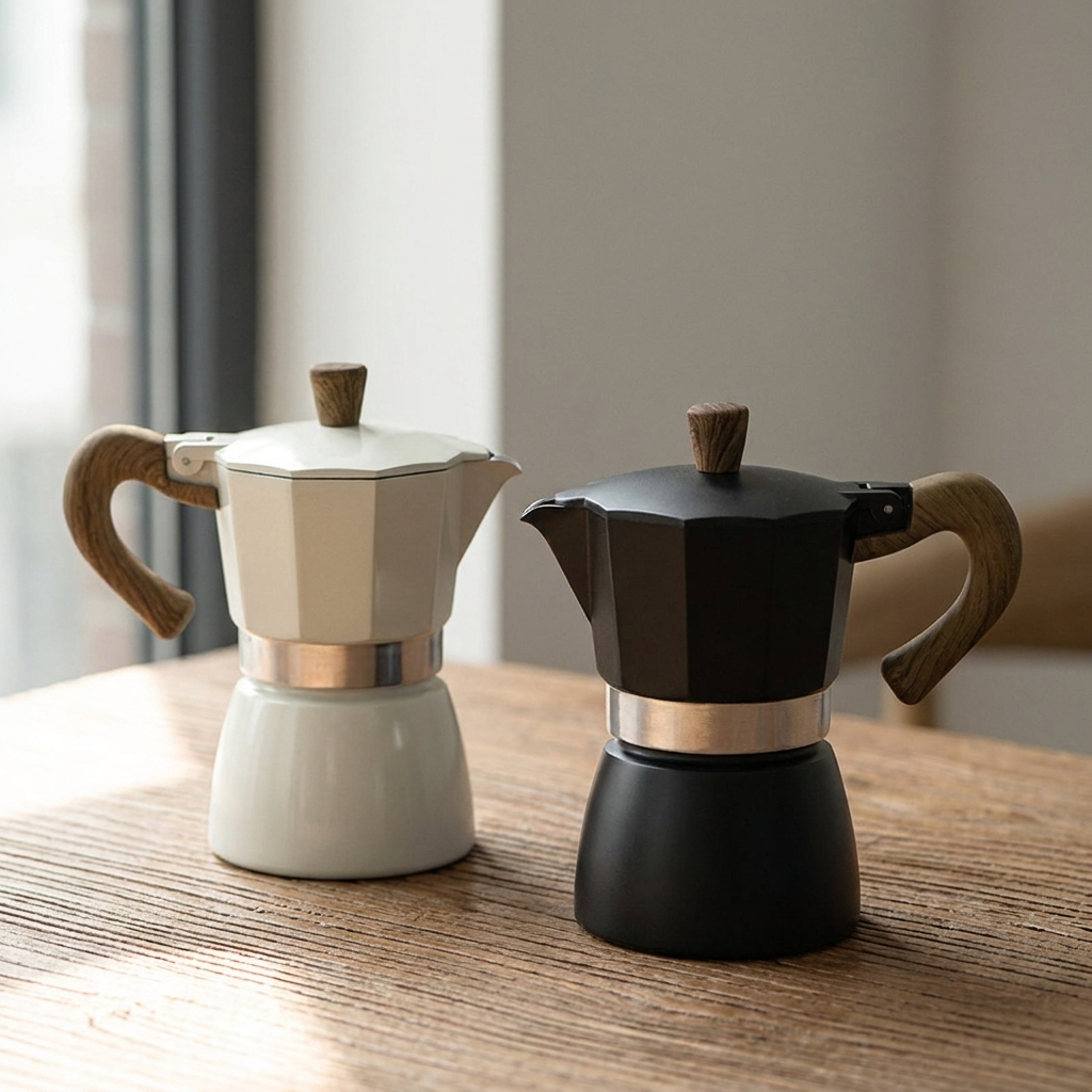 White and black moka pots side by side on a wooden table