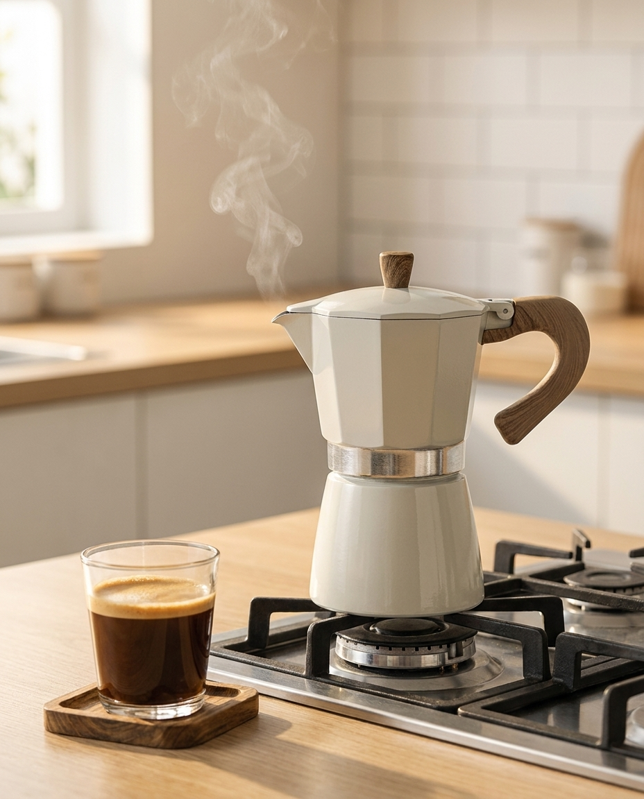 Moka pot brewing espresso on a stovetop with a glass of coffee