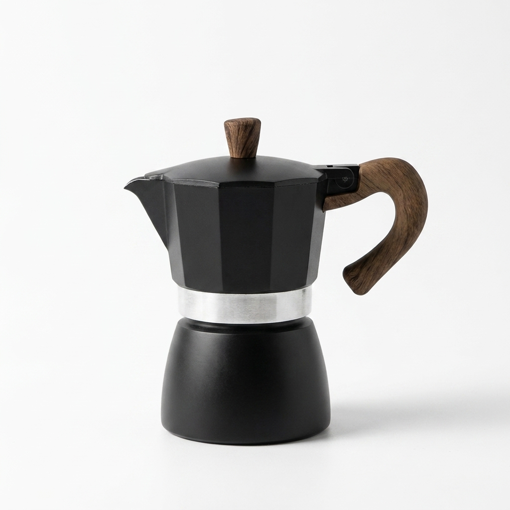 Moka coffee maker in matte black with wood handle