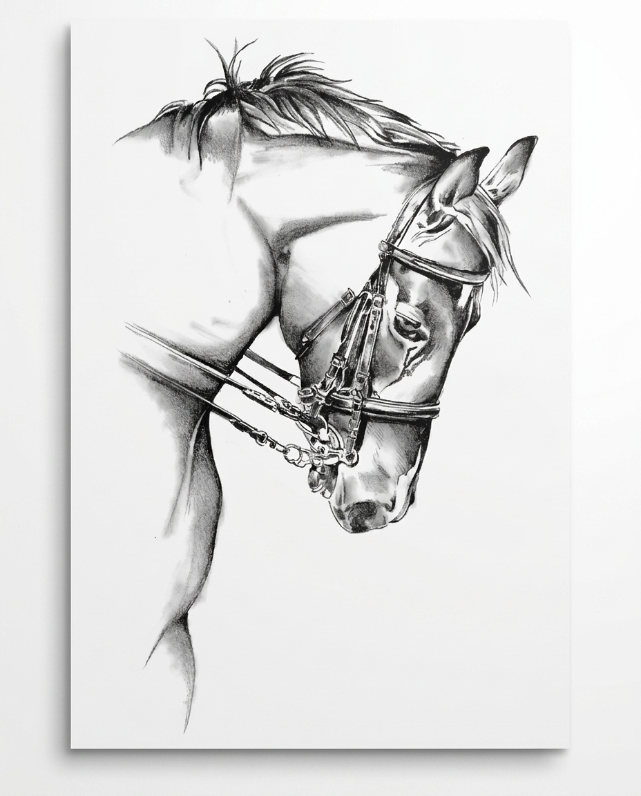 Black and white sketch horse head wall decal on white