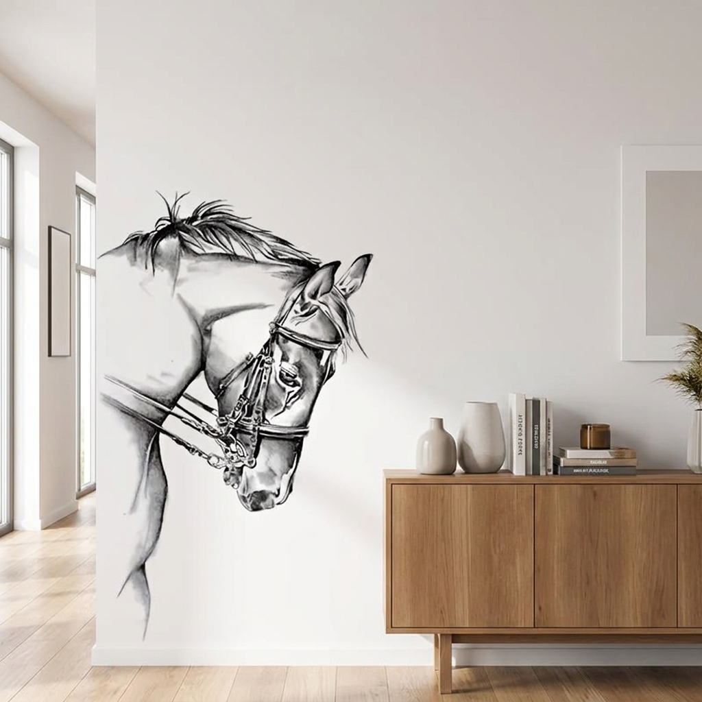 Horse sketch wall decal in modern living room beside sideboard