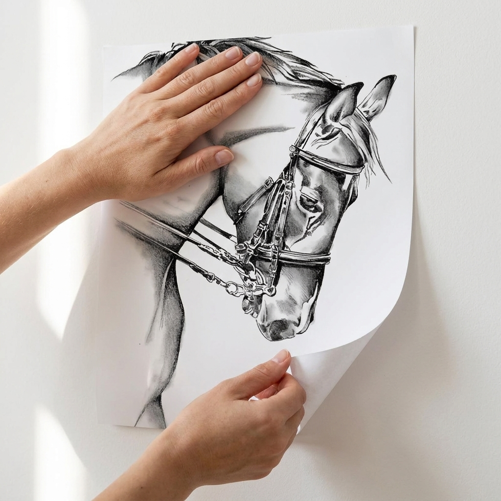 Hands applying peel and stick horse wall decal