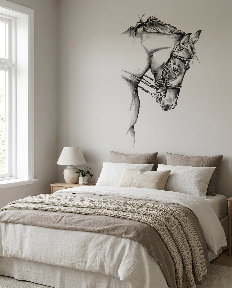 Horse sketch wall decal above bed in minimalist bedroom