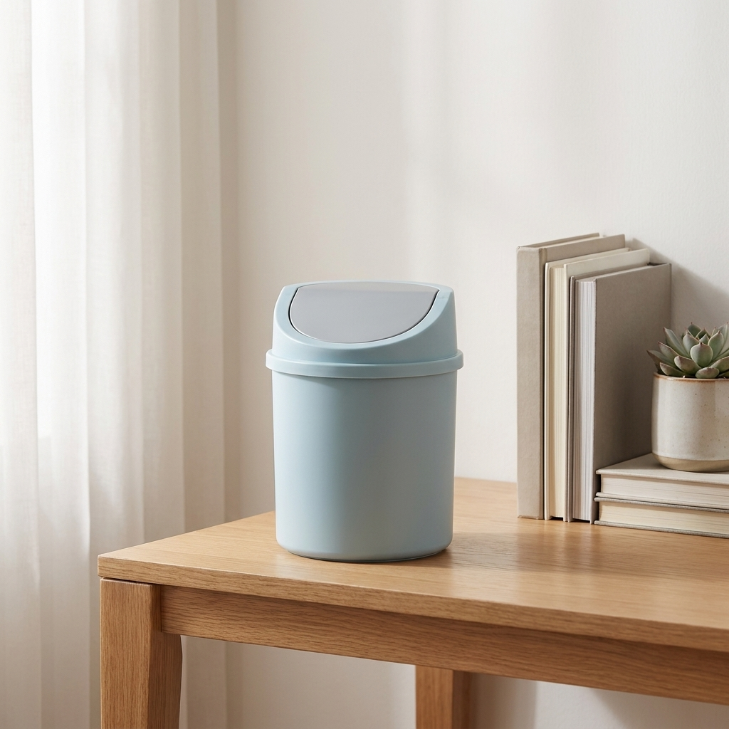 Blue mini trash can on tidy desk with books and plant