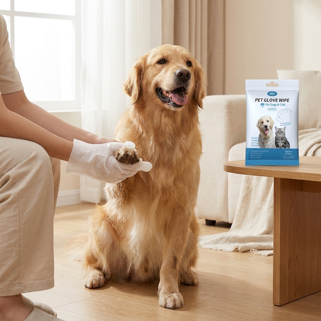 Wiping a dog paw with a pet grooming glove wipe