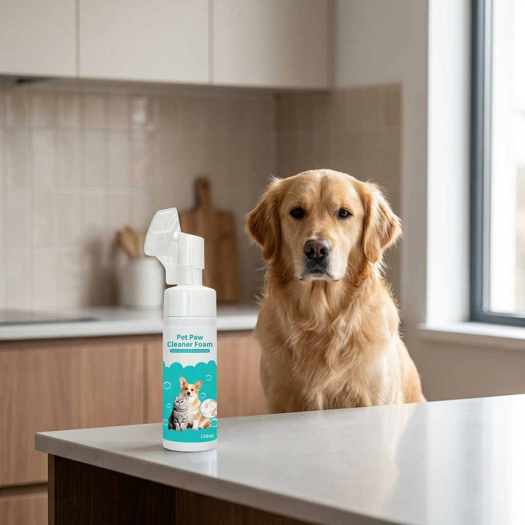 Pet paw cleaner foam bottle on a counter next to a calm dog
