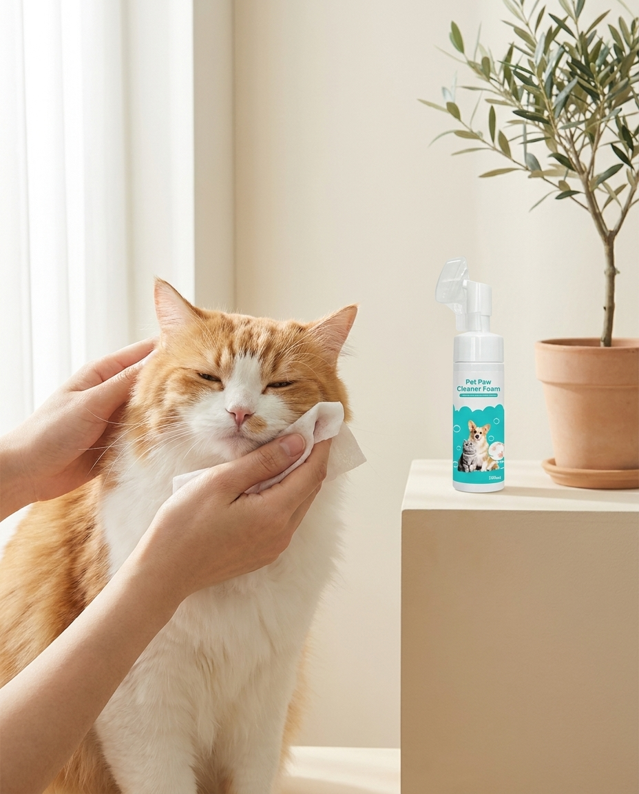 Gently cleaning a cat's face with a soft pet wipe