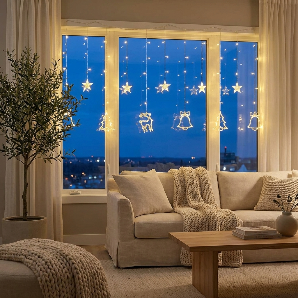 Warm white LED curtain string lights with star and Christmas charms strung across a living room window