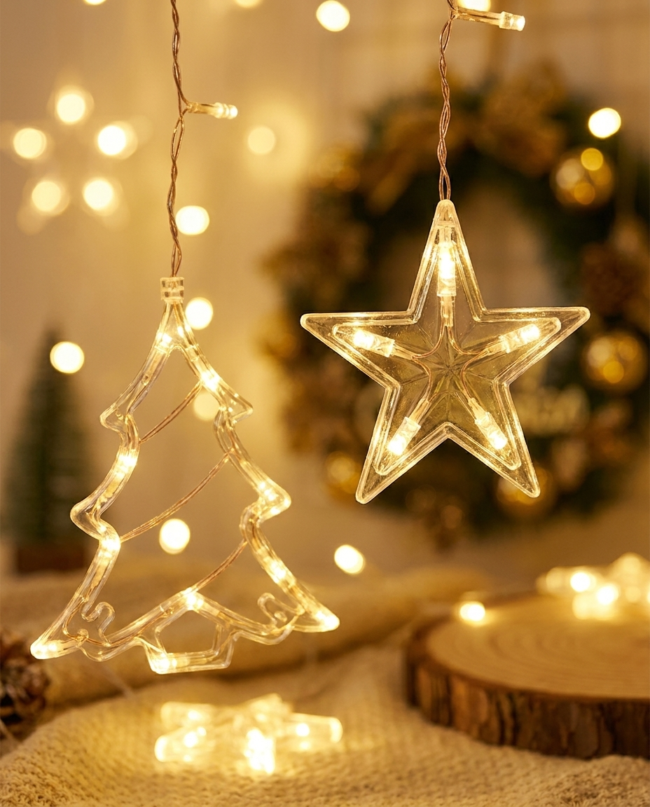 Close-up of glowing star and Christmas tree LED charm pendants