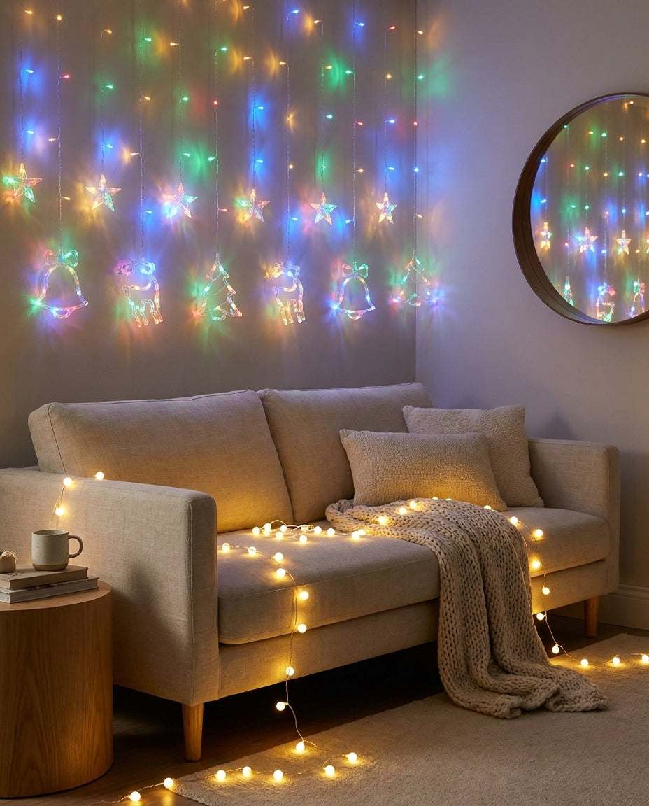 Multicolor LED curtain string lights draped behind a sofa in a cozy living room