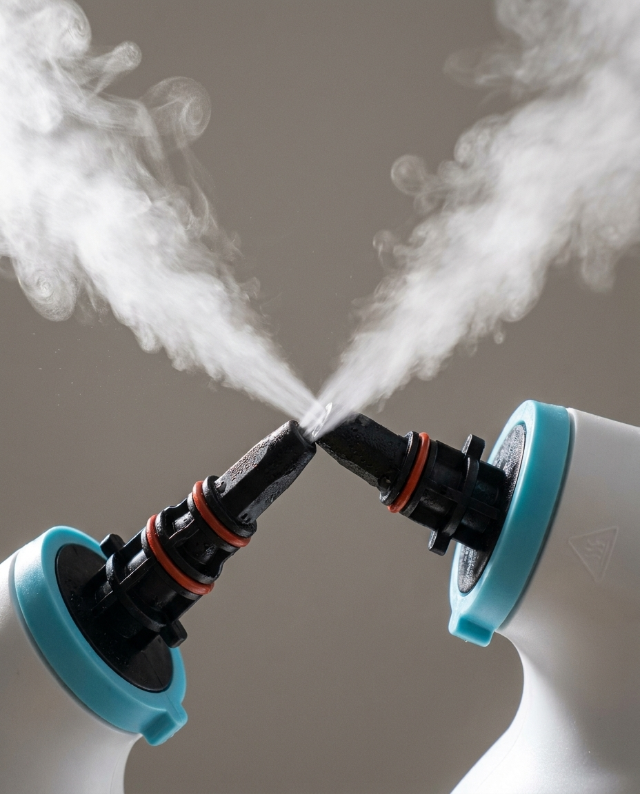 MightySteam QuickClean nozzle close-up emitting steam jet