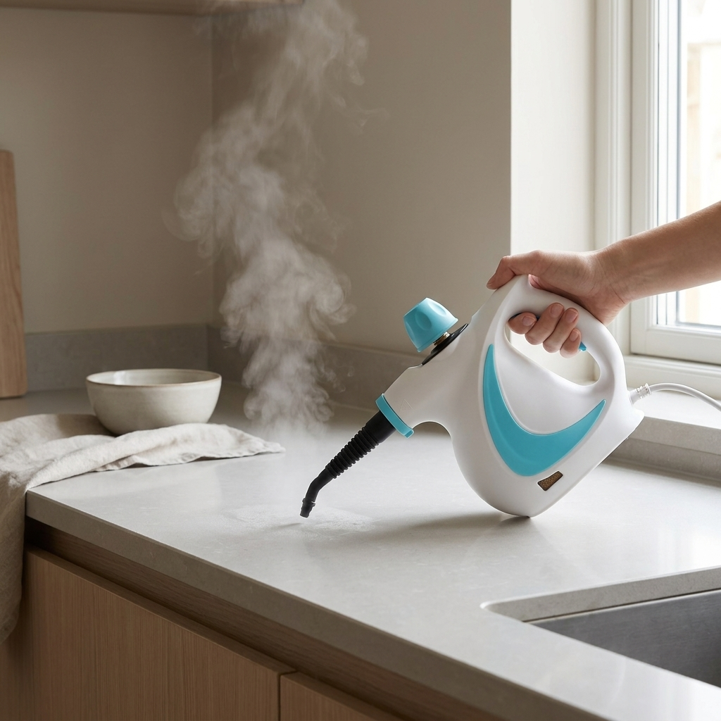 MightySteam QuickClean cleaning a kitchen countertop with steam
