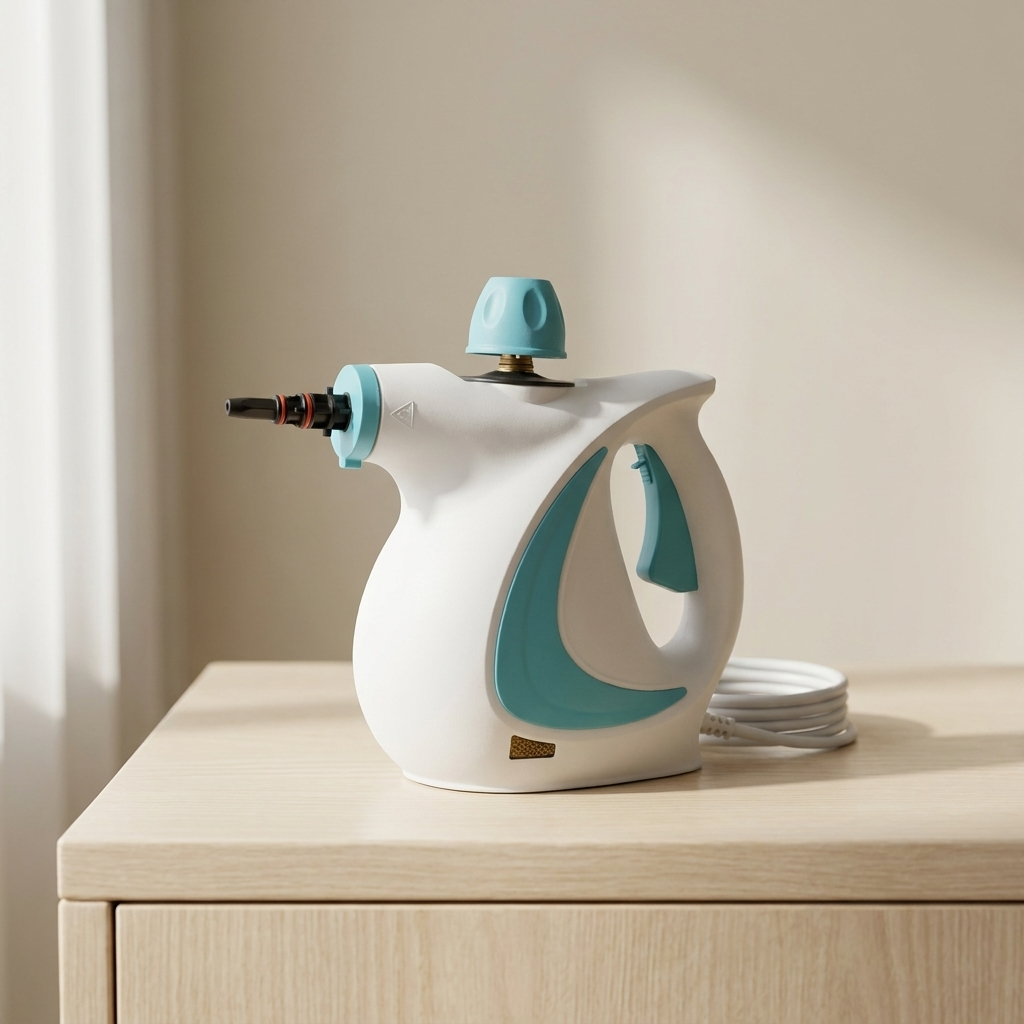 MightySteam QuickClean handheld steam cleaner on wood surface