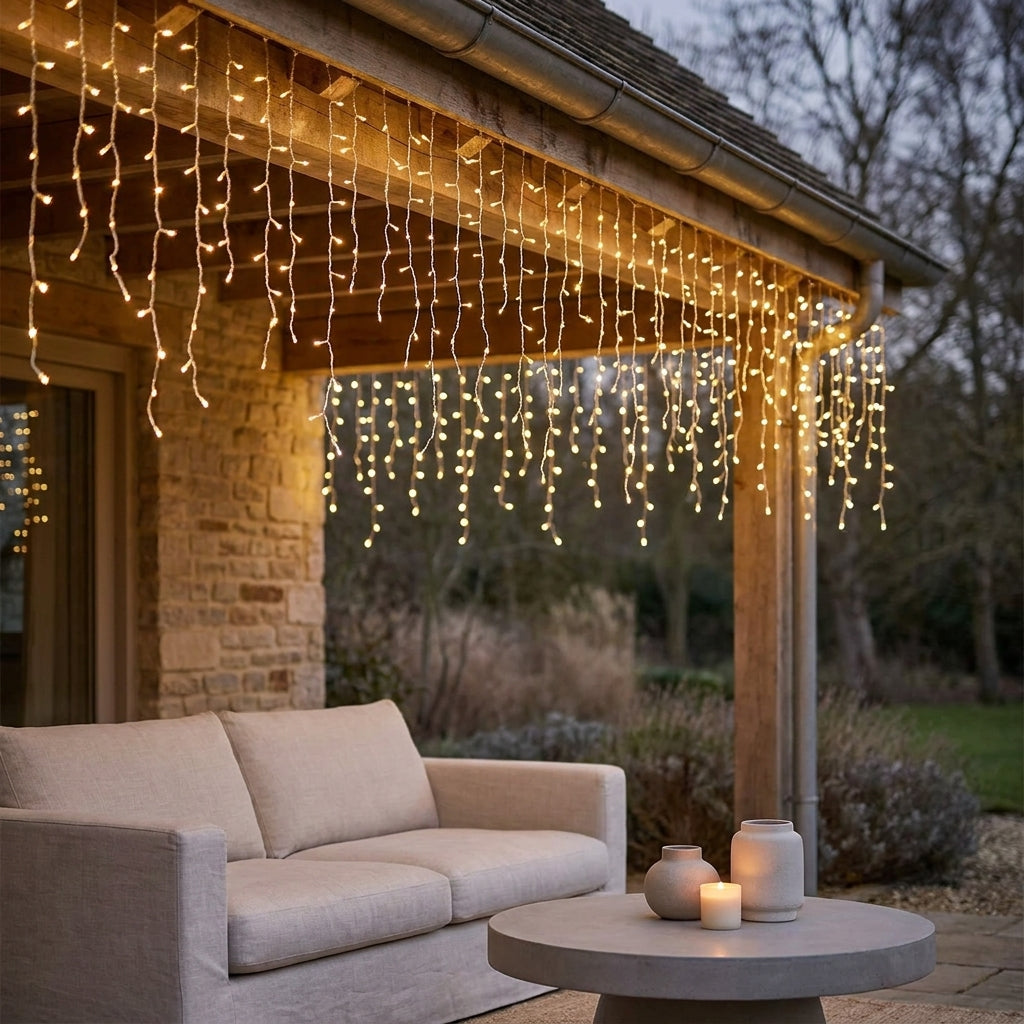 Warm white LED icicle curtain lights hung along home patio eaves at dusk