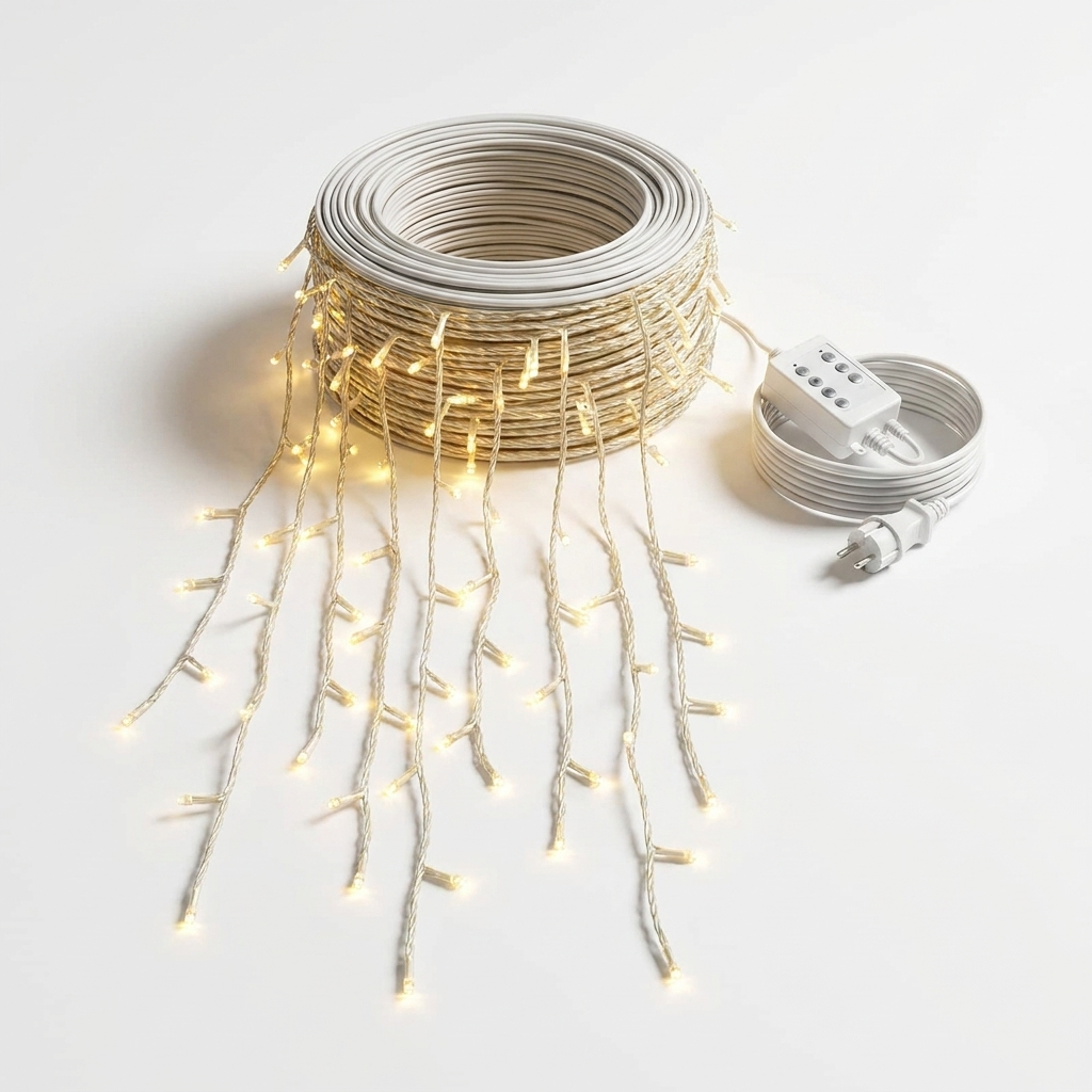 Warm white LED icicle string lights coiled packshot on white background